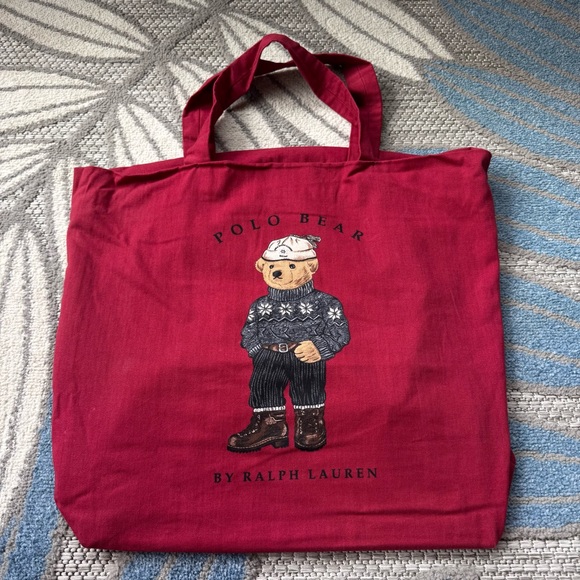 Ralph Lauren Other - Ralph Lauren Polo Bear Red Canvas Striped Lining Tote Shopping Bag